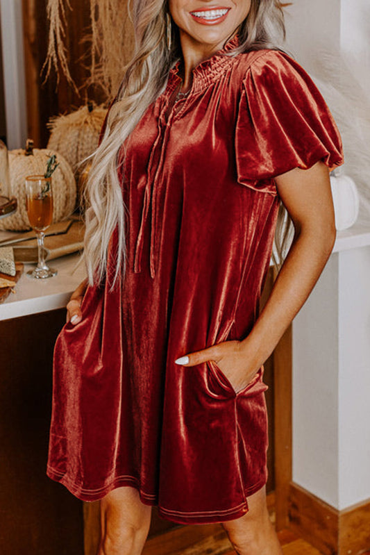 Cinnamon Velvet Smocked Neckline Puff Sleeve Shift Mini Dress - Cinnamon 95%Polyester+5%Elastane - Dresses/Mini Dresses