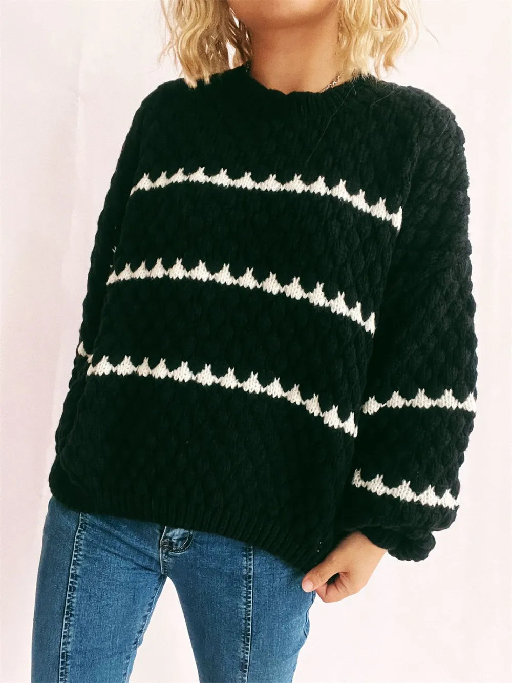 Contrast Stripes Round Neck Long Sleeve Sweater - -