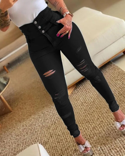 Ripped Jeans High Waist Casual Long Pant Black