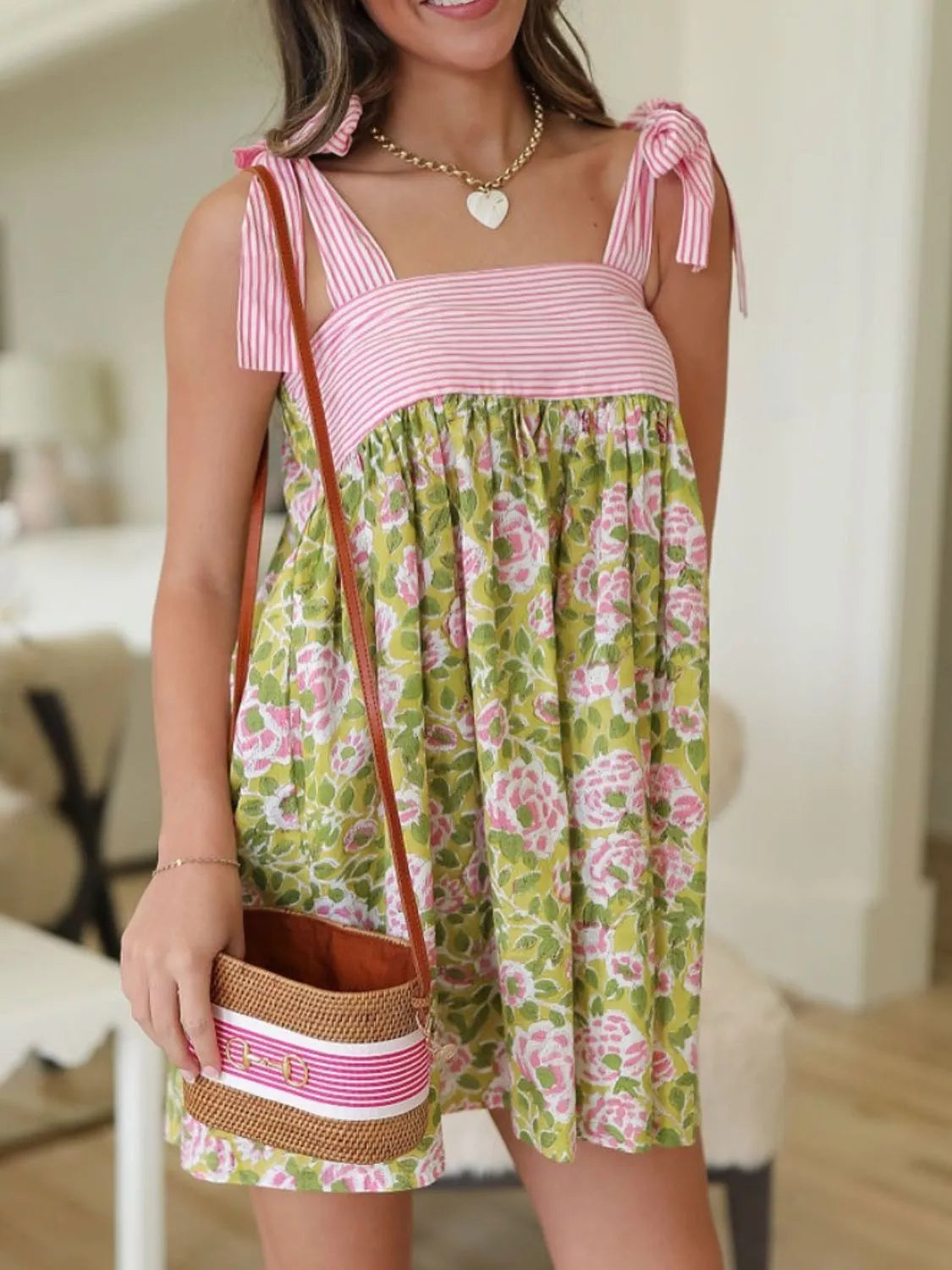 Printed Square Neck Tie Shoulder Mini Dress - Pink -
