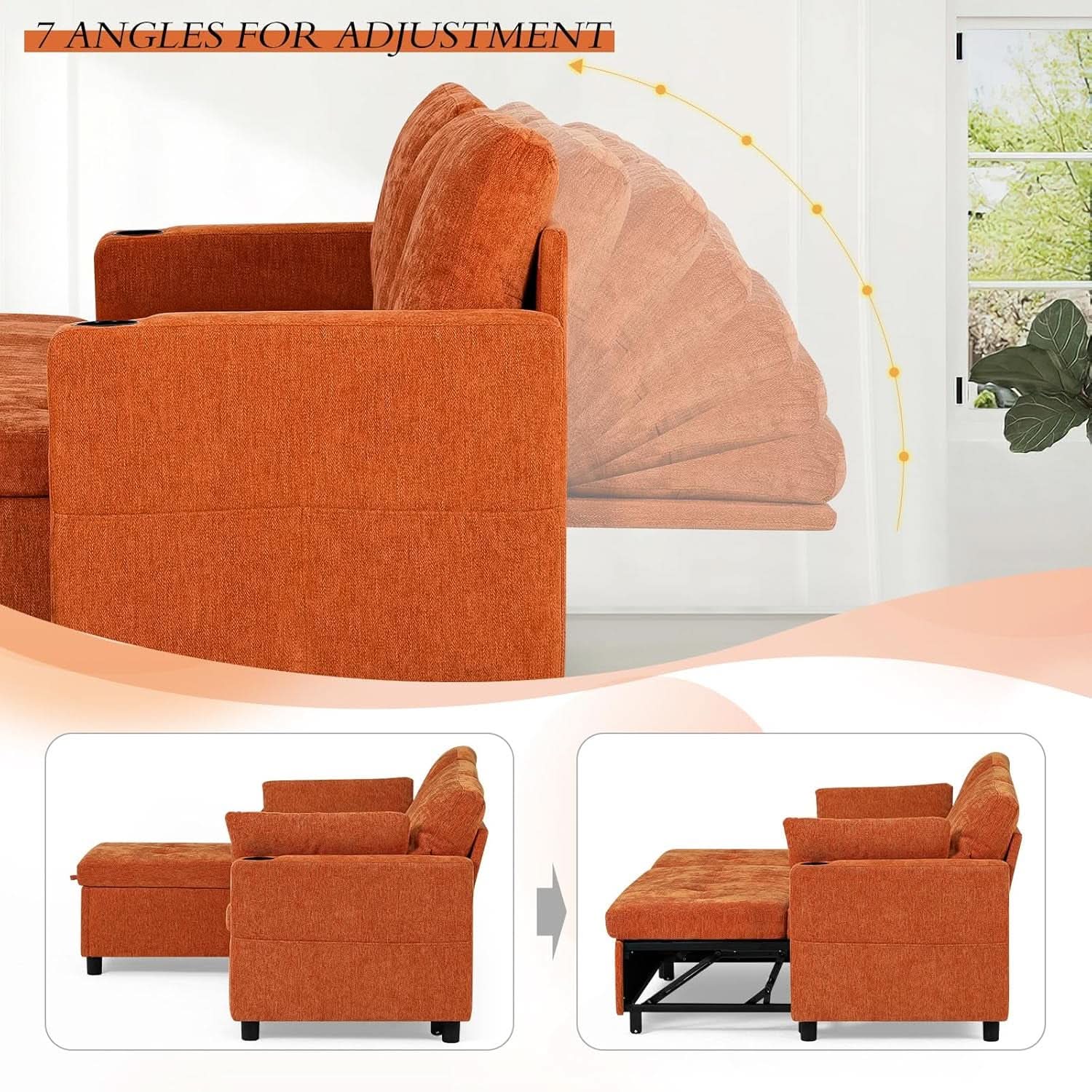 84Inches BrightOrange Chenille Pullout Sofa Bed USBPort- ShipItFurniture- {{Product type}}