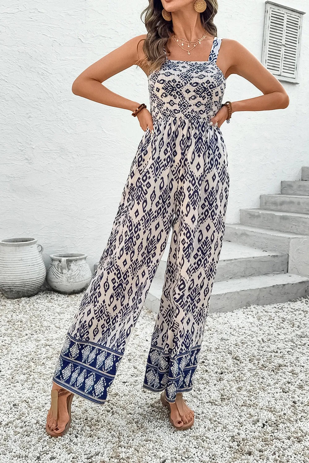 Bohemian Print Wide Leg Jumpsuit - -