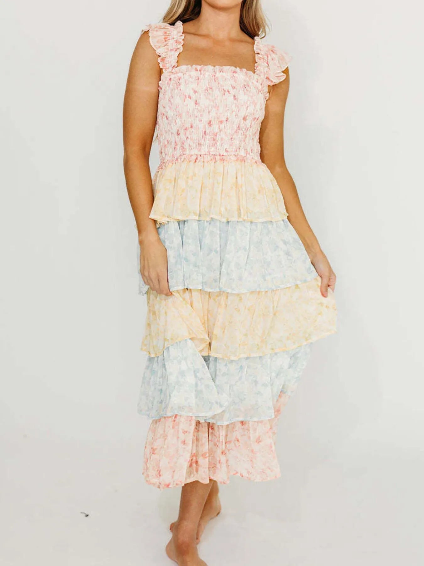 Smocked Ruffle Layered Floral Midi Dress - -