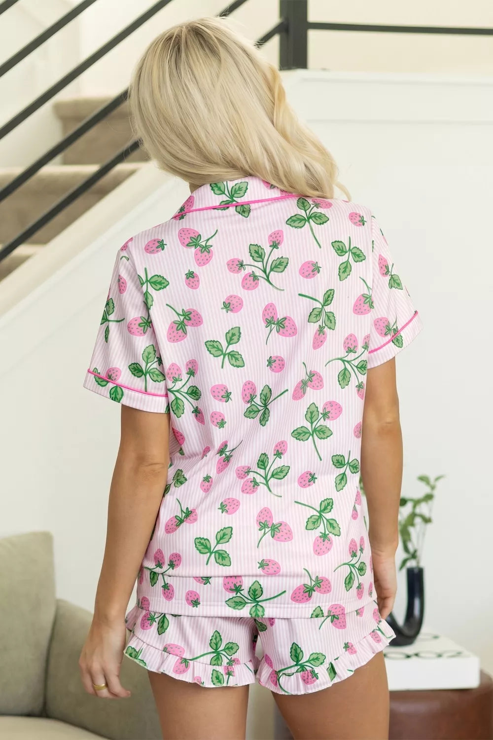 Striped Strawberry Print Lapel Shirt Drawstring Shorts 2pcs Pajama Set- Shopimist- {{Product type}}