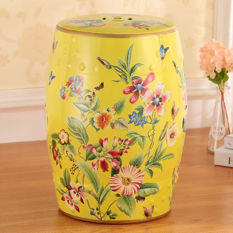 Decorative Drum Ceramic Stools Hand Painted Chinese Flower and Bird Pattern Art