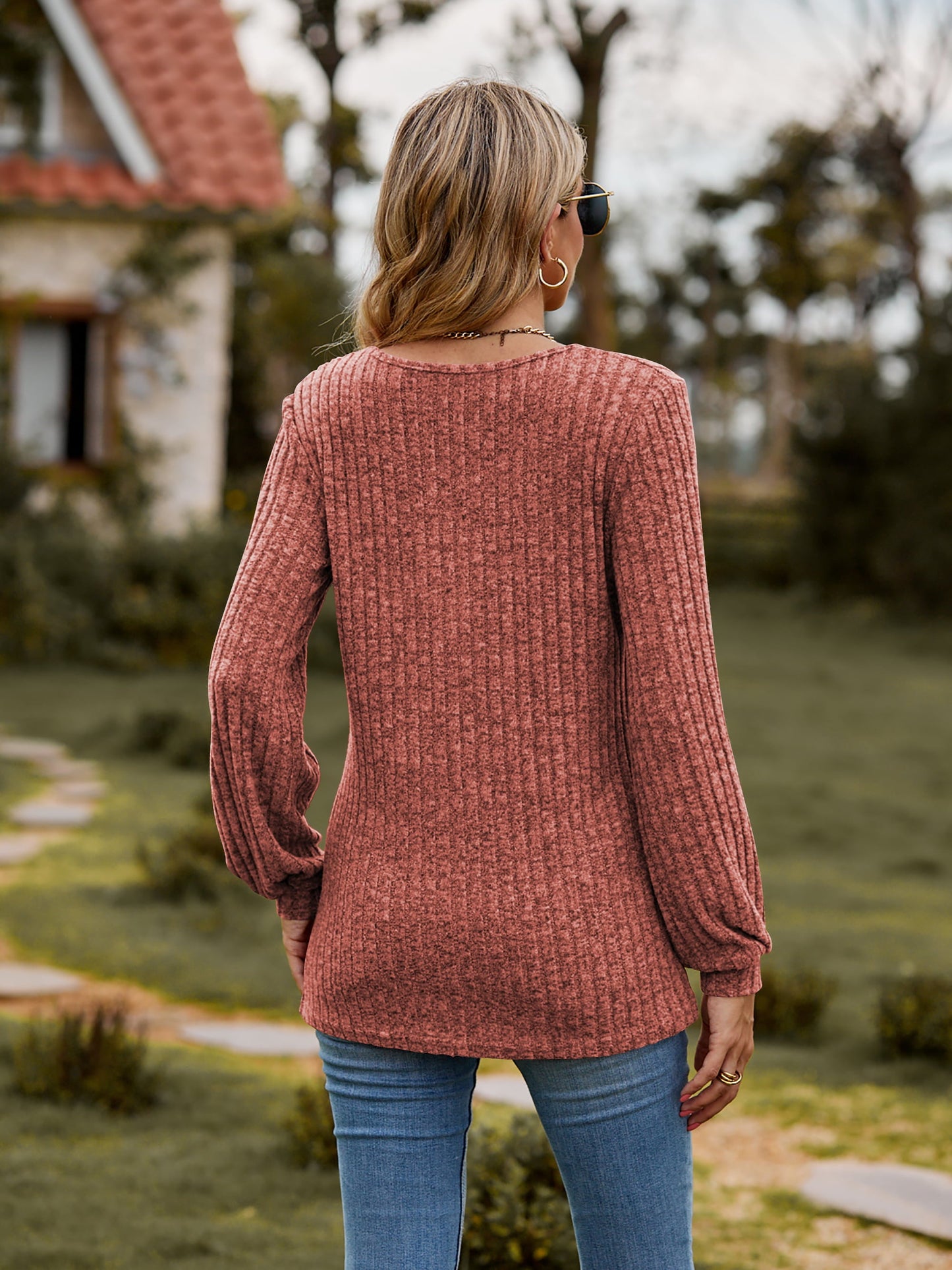 Round Neck Button-Down Long Sleeve Tee - -