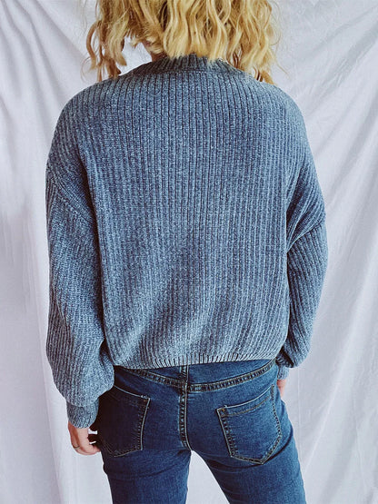 Round Neck Dropped Shoulder Long Sleeve Sweater - -