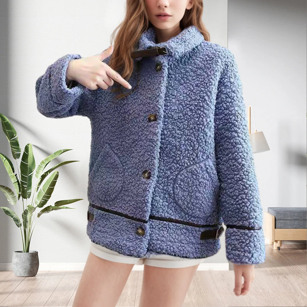 Fleece Solid Color Button Outerwear Warm for Women Coat