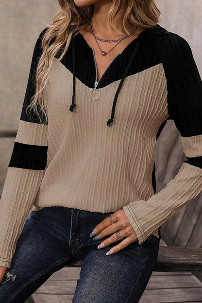 Drawstring Quarter Zip Contrast Long Sleeve Hoodie - -