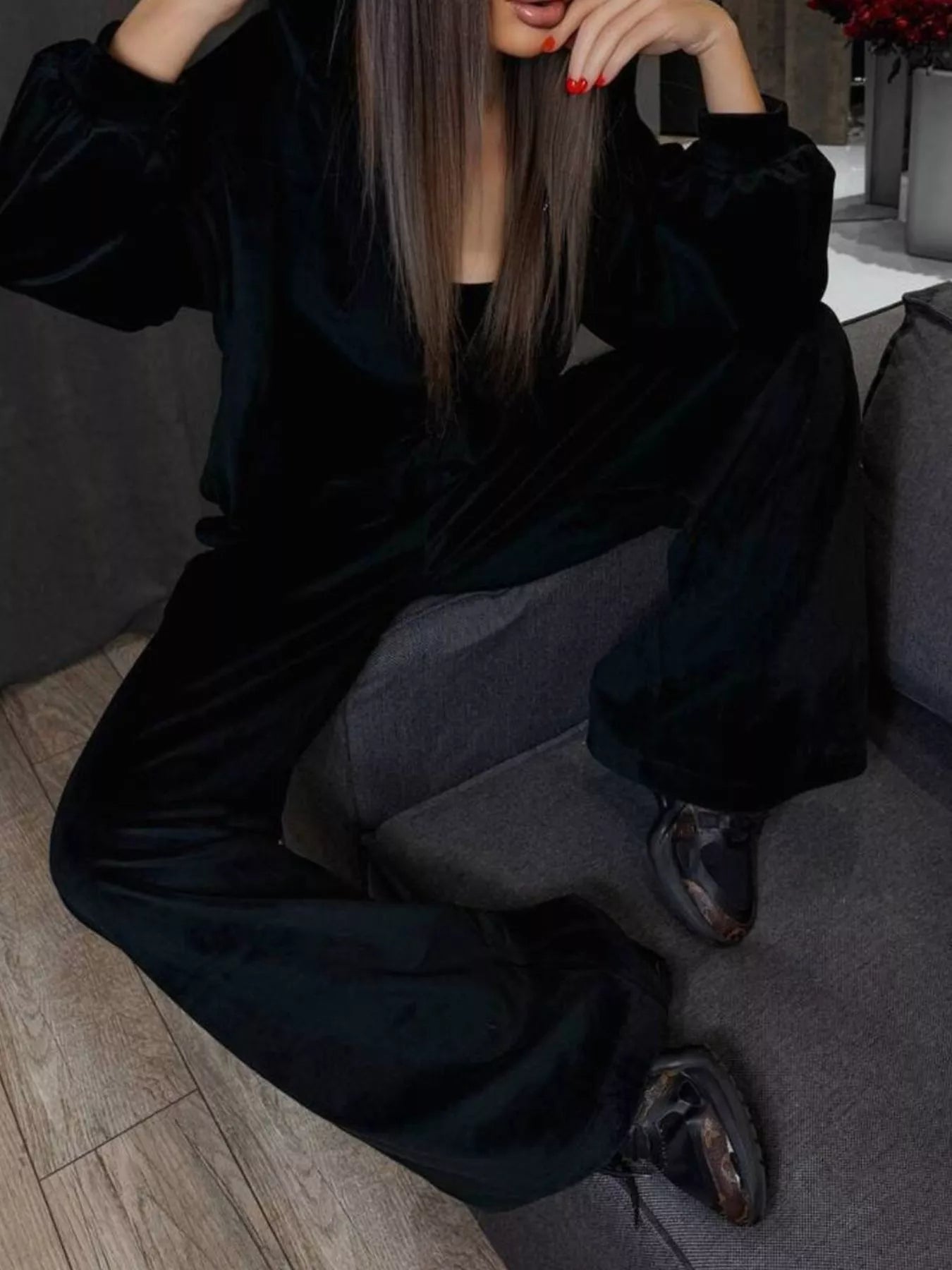 Zip Up Cropped Outerwear and Pants Set - -