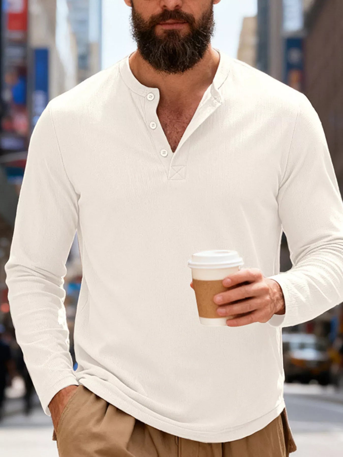 Men's Full Size Casual Long Sleeve Henley T-Shirt Plus Size - White -