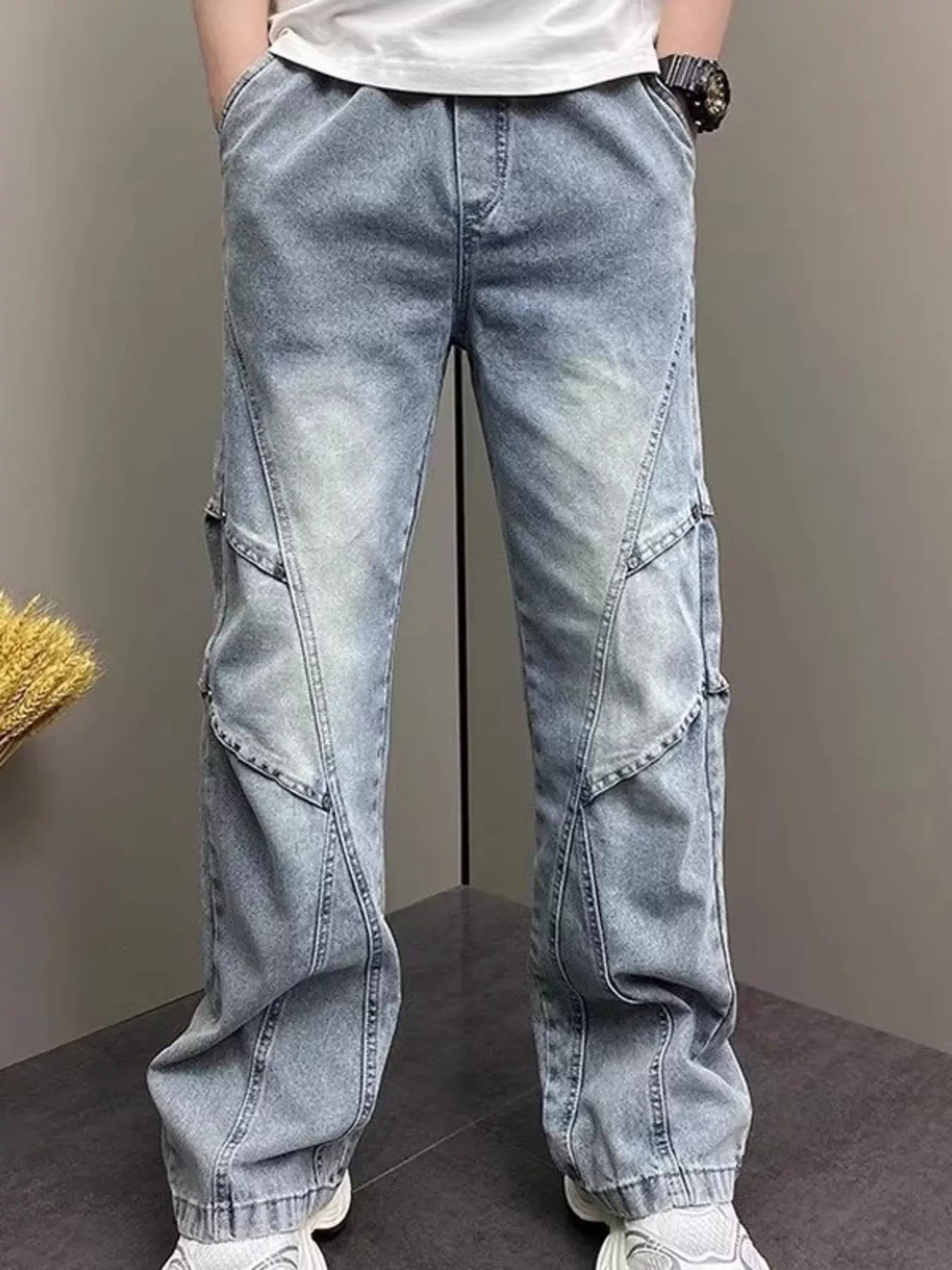 Men's Full Size Vintage Wash Wide Leg Jeans Plus Size - Blue -