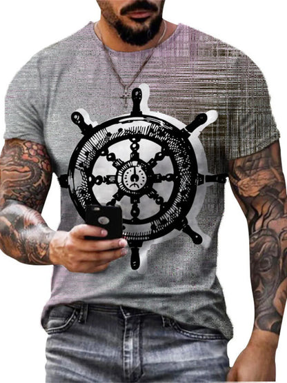 Men's Full Size Artistic Compass Graphic Round Neck T-Shirt Plus Size - Gray -