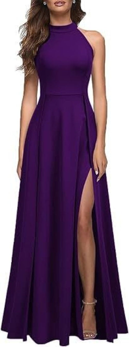 Chic Womens Halter Party Dress - Dark Purple - dress