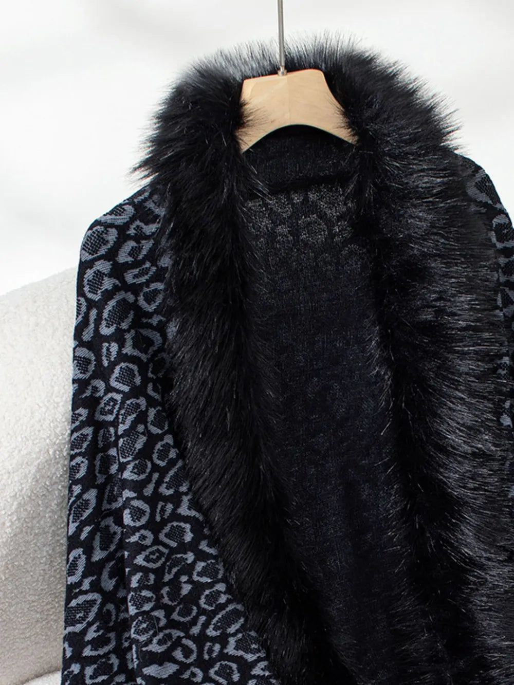 Fringe Leopard Open Front Long Sleeve Poncho - -