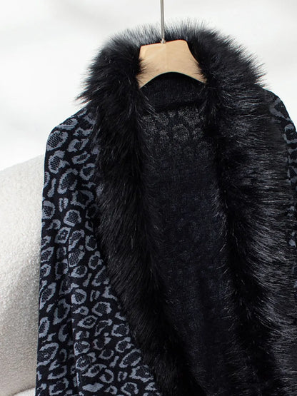 Fringe Leopard Open Front Long Sleeve Poncho - -