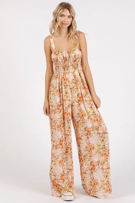 Mittoshop Flower Print Gathered Bust Sleeveless Jumpsuit - Ginger -