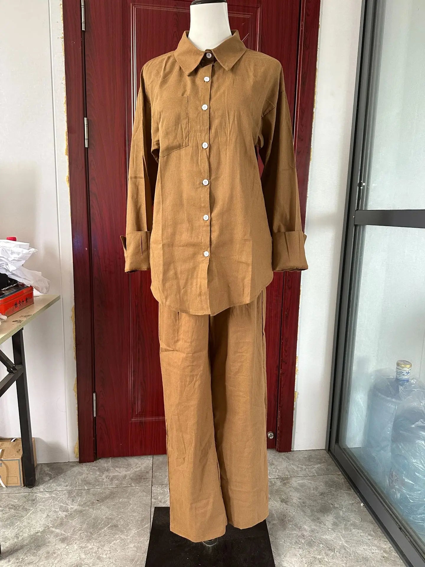 Long Sleeve Cotton Linen Shirt and Loose Pants Two Piece Set Loungewear Set