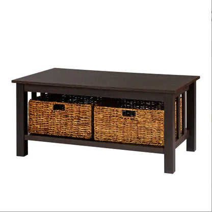 Coastal Coffee Table With Lower Shelf And Faux Rattan Baskets - Espresso - - table