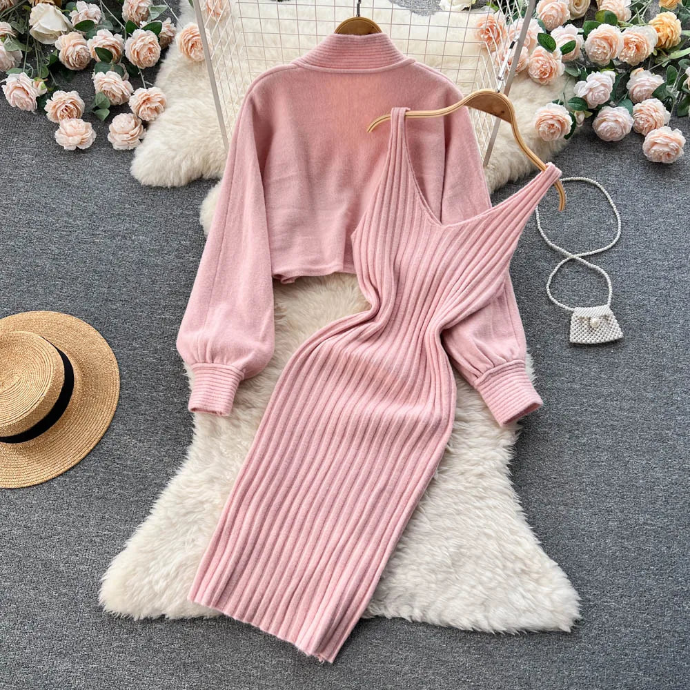 Knitting Suit Women's Short Sweater Shawl Coat+suspender Dress Two-Piece Set