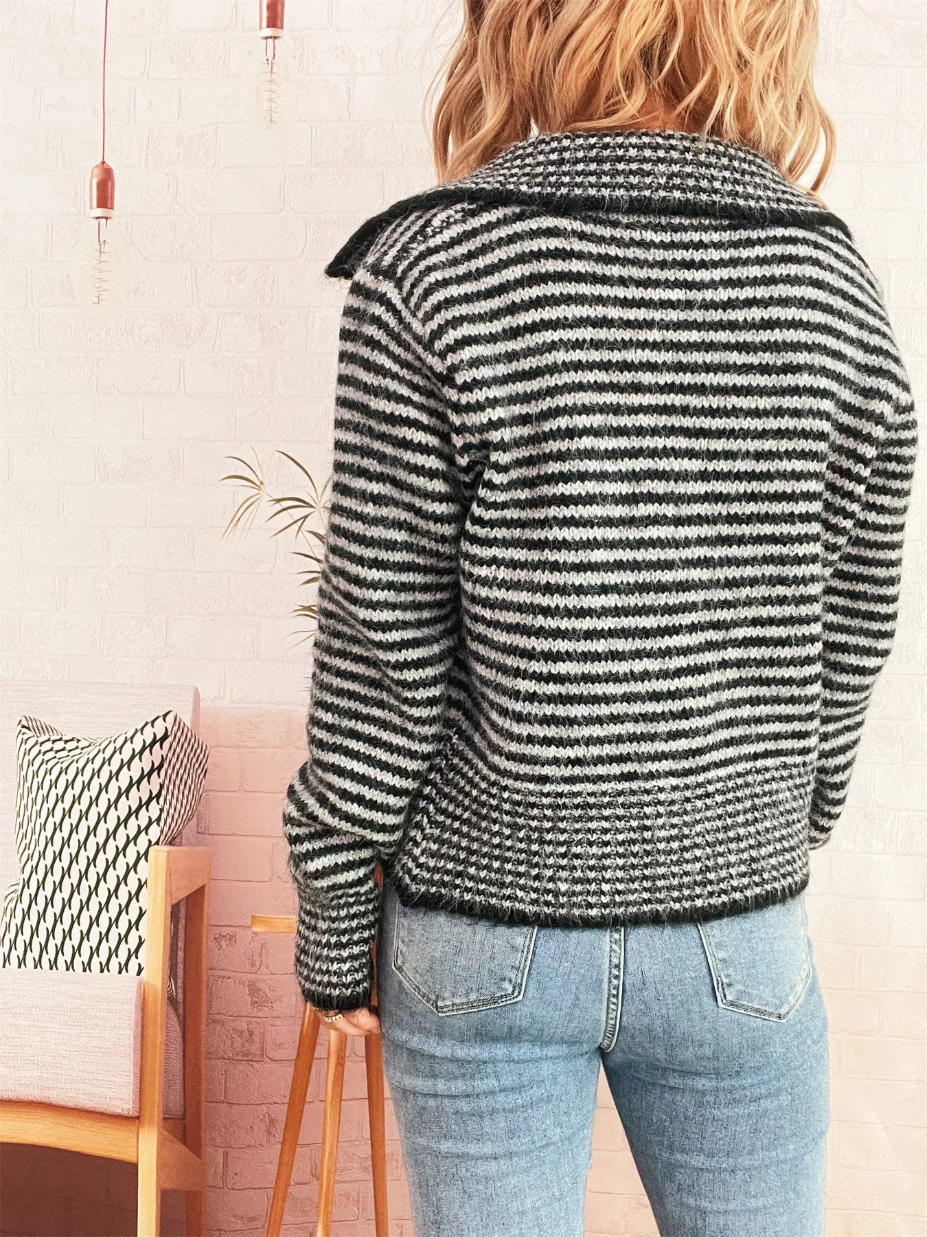 Striped Button-Up Long Sleeve Cardigan - -