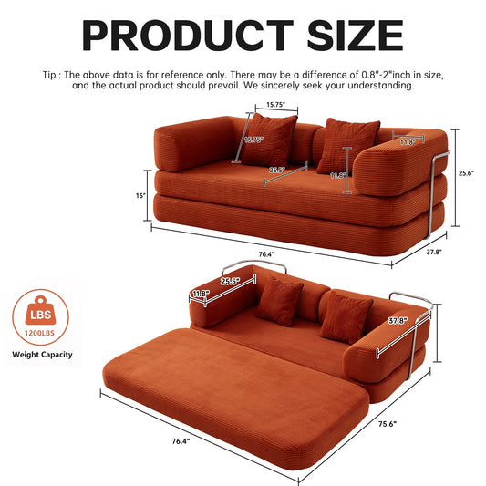 Sofa Bed Convertible 5-in-1 Corduroy Red Floor Steel Frame 74.8 In - - Living Room Furniture