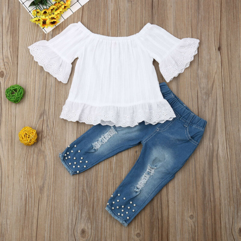 Girls Ruffle Sleeve Off-Shoulder Top and Denim Pants Set - - outfit
