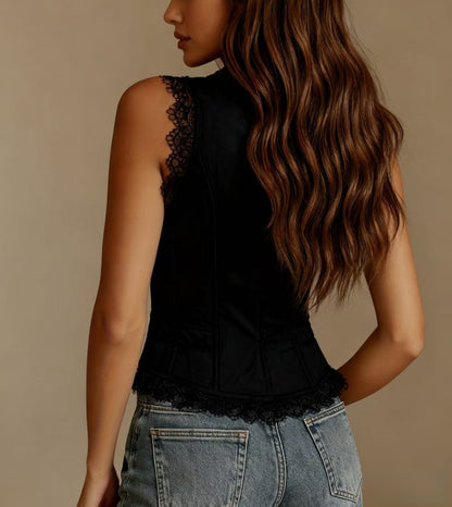 Lace Trim Button-Down Crop Tank Vest Women- FitiqueFit- {{Product type}}