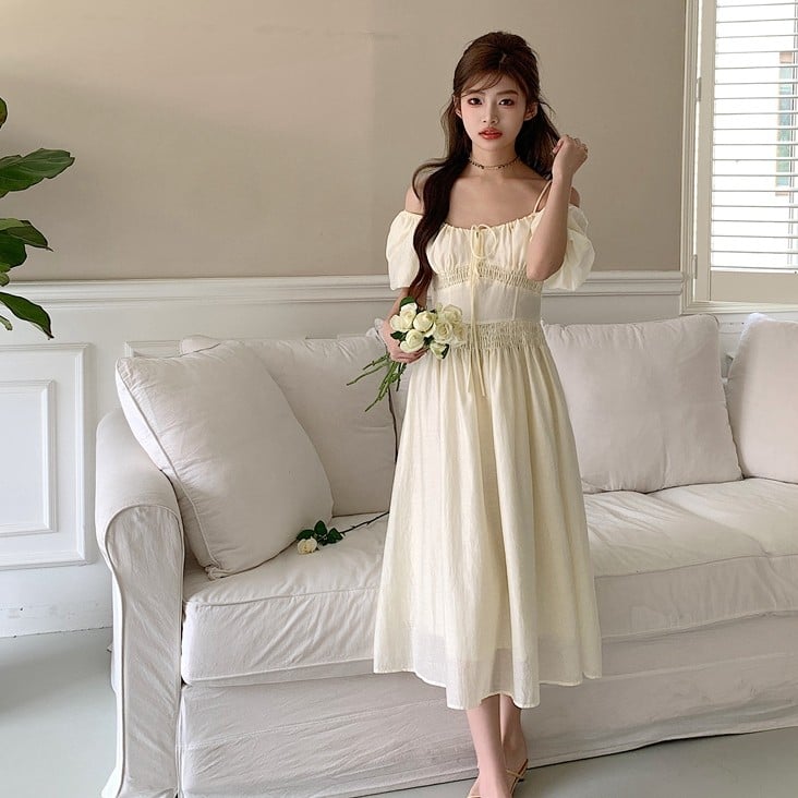 Off-Shoulder Summer Dress for Women - Apricot M - dress