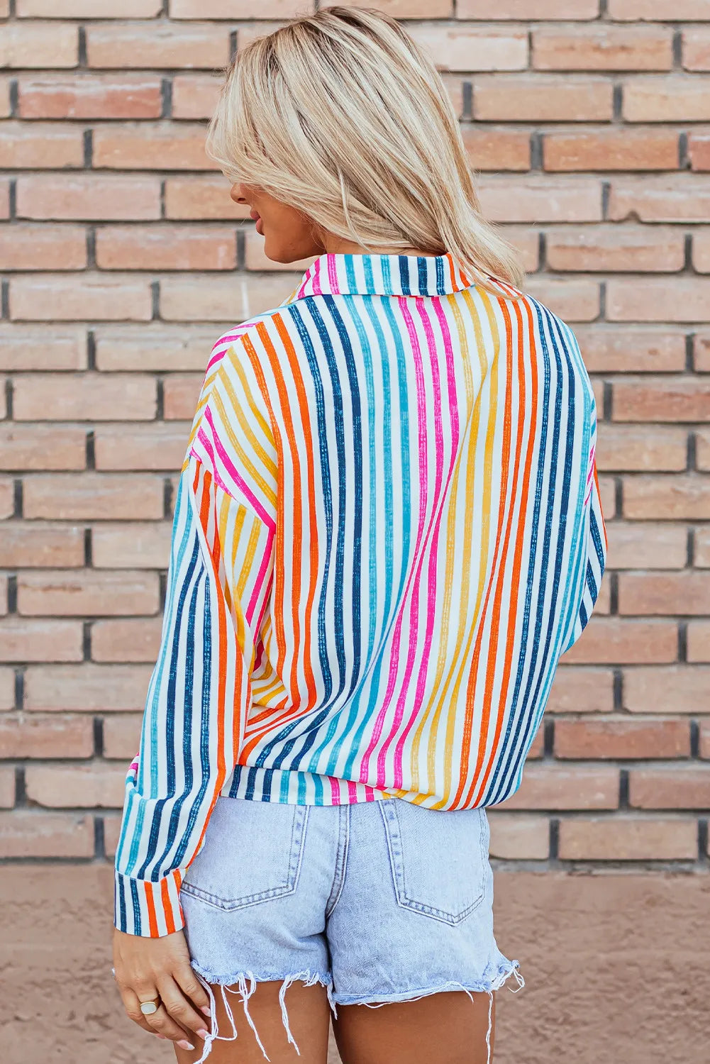 Striped Collared Neck Long Sleeve Shirt - -