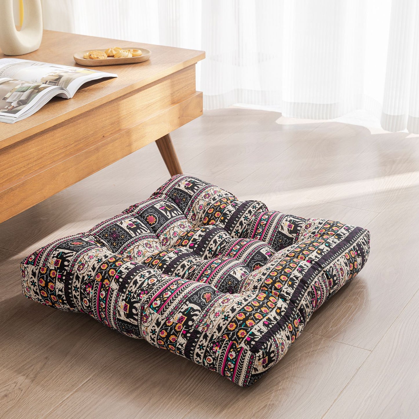 Japanese-Style Cotton Futon Floor Cushion (Round or Square) - Square 4 Style - Floor Cushion