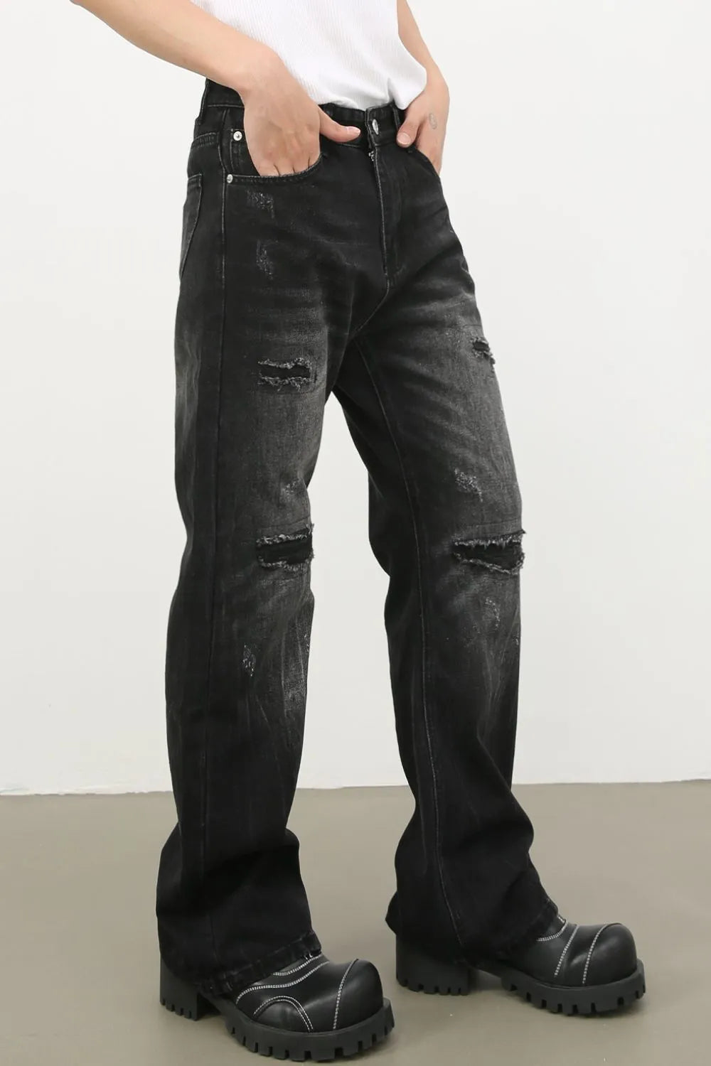 Men's Distressed Jeans with Pockets - -
