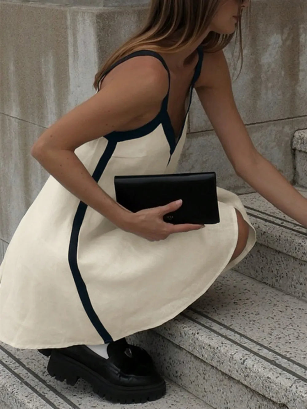 Contrast Trim V-Neck Mini Cami Dress - -