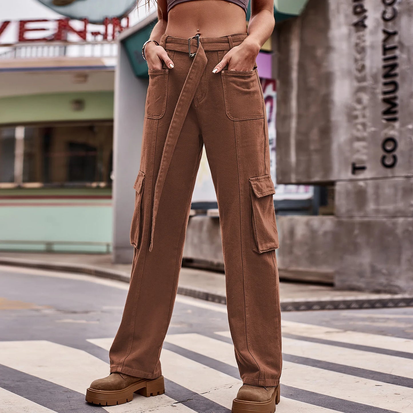 Denim Casual Pants Waist Band Loose Fit Multi-Pocket Wide Leg Pants