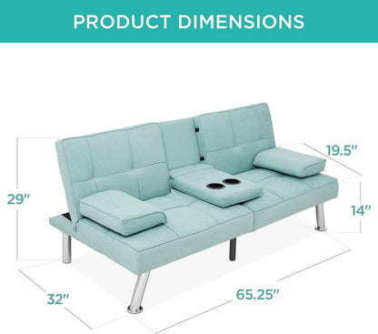 Linen Folding Futon Sofa Bed Aqua With Removable Armrests- ShipItFurniture- {{Product type}}