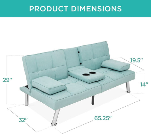 Linen Folding Futon Sofa Bed With Removable Armrests - Aqua - - Sofa