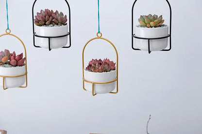 Mini Hanging Planters for Window 3.9" Ceramic Plant Pot With Metal Hangers