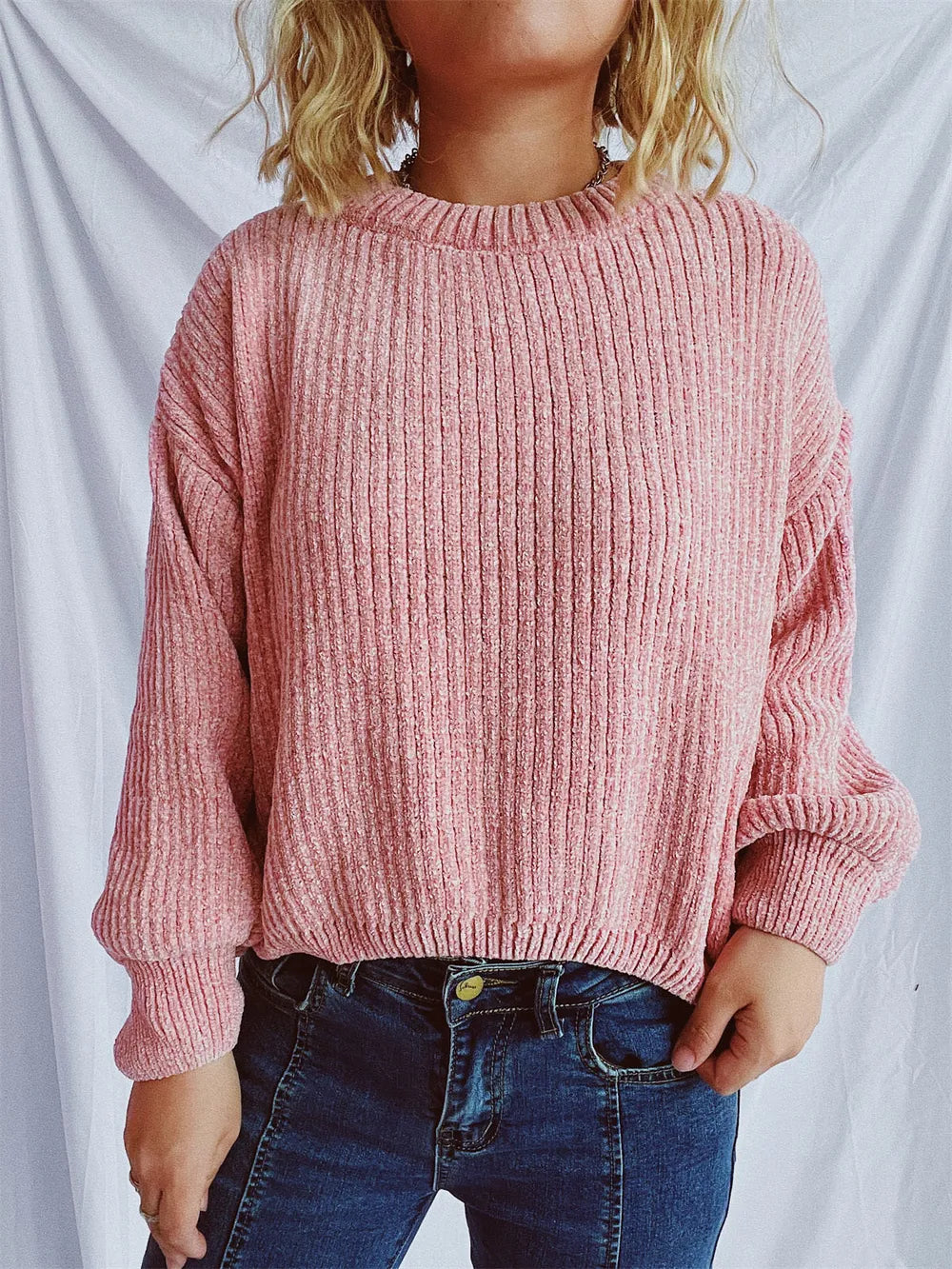 Round Neck Dropped Shoulder Long Sleeve Sweater - -