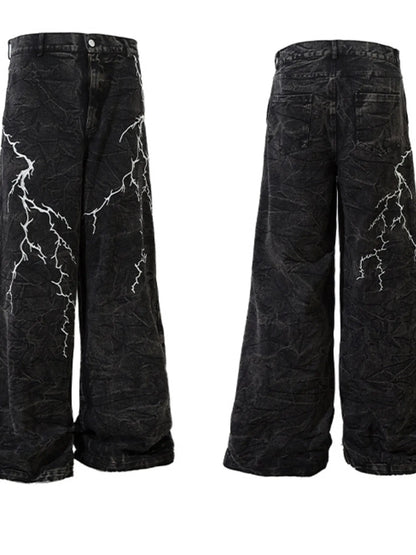 Men's Lightning Pattern Wide Leg Jeans - -