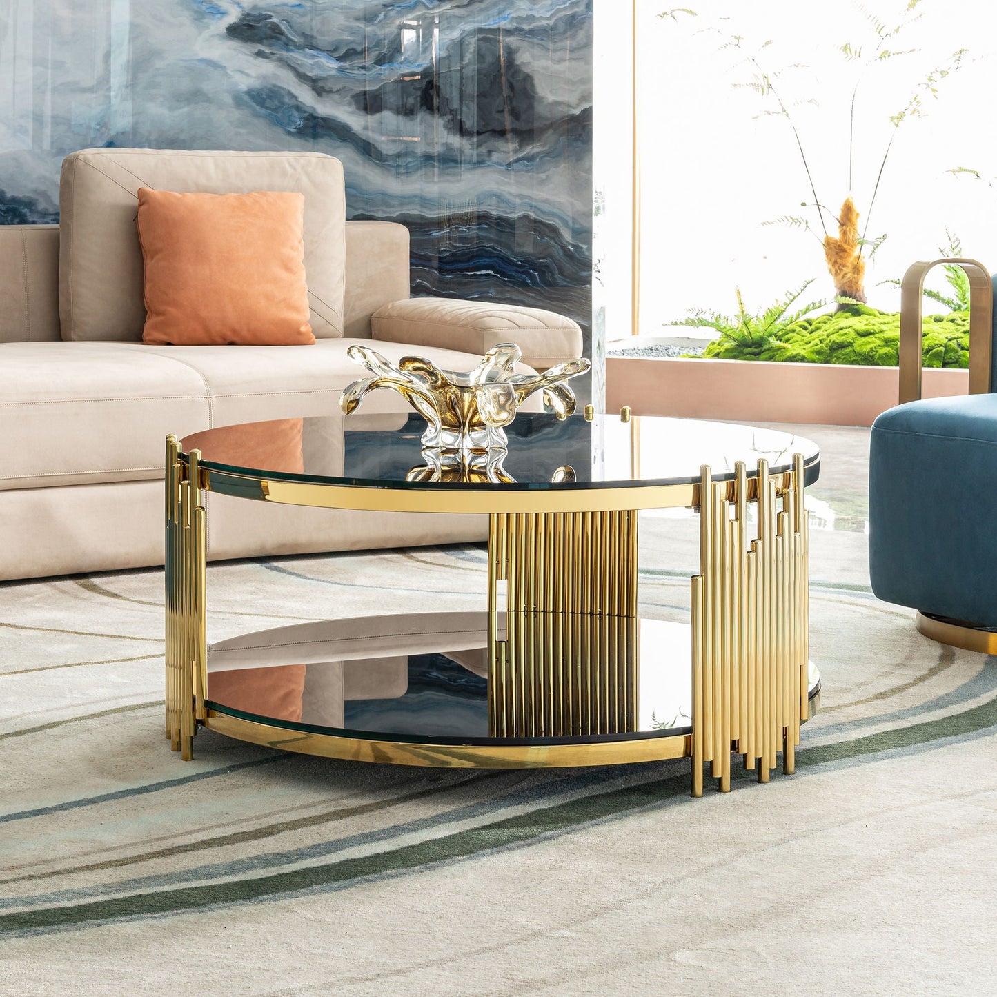 Elegant Round Table With Double Layer Tempered Glass Top And Stainless Steel Frame For Living Room - - Side Tables