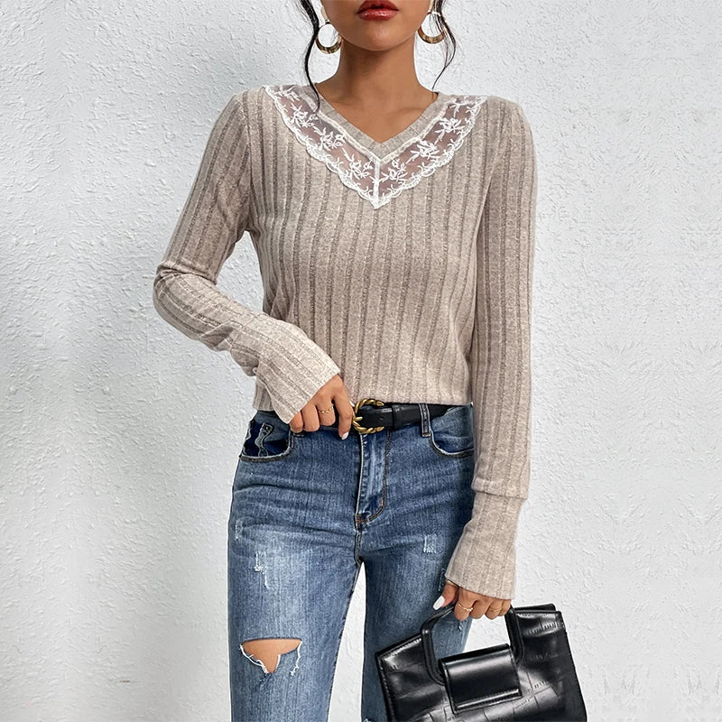 Lace V-Neck Vertical Stripe Long Sleeve Top