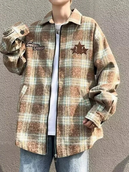 Men's Plaid Zip Up Long Sleeve Jacket - -