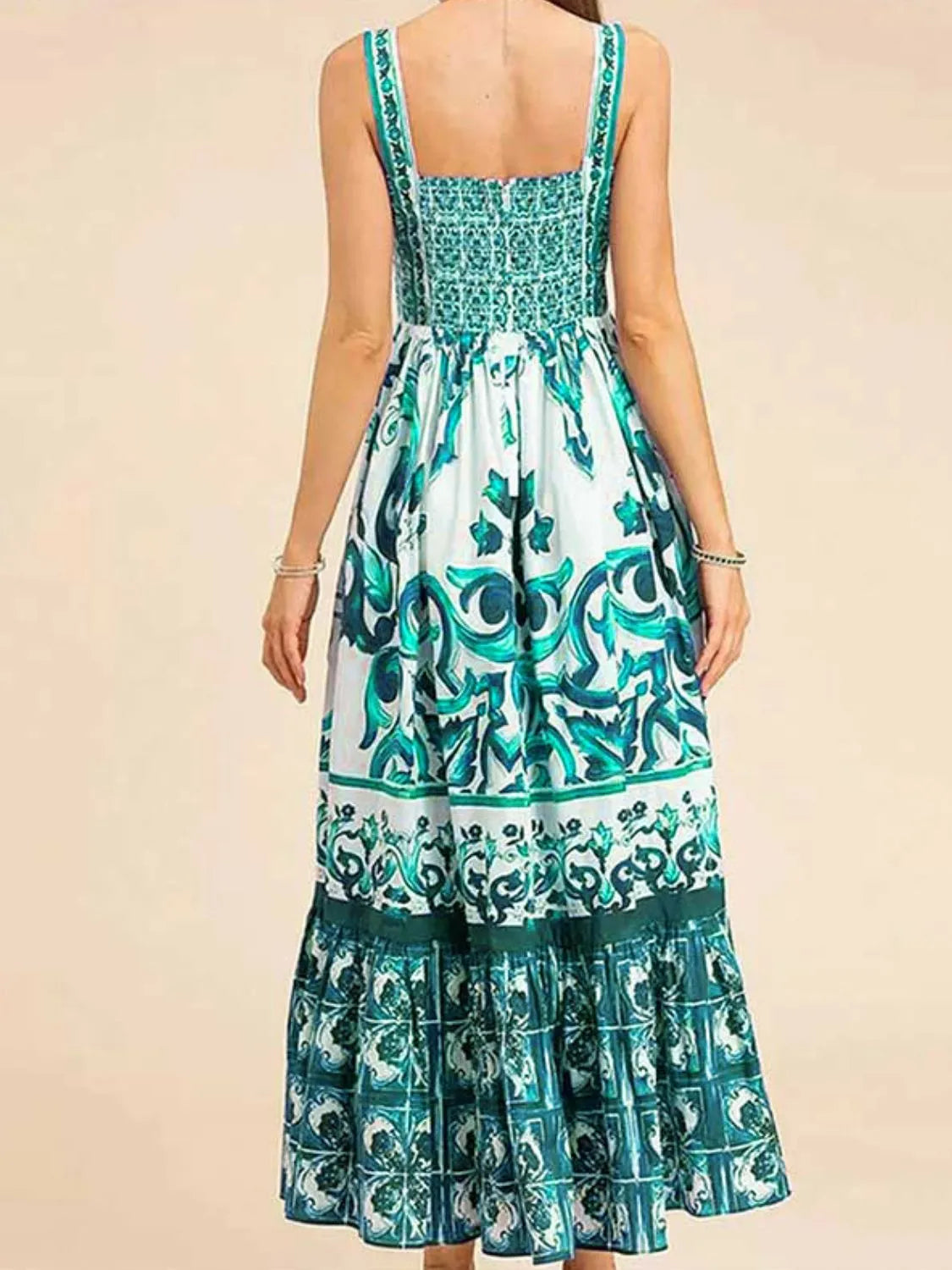 Smocked Printed Wide Strap Dress - -