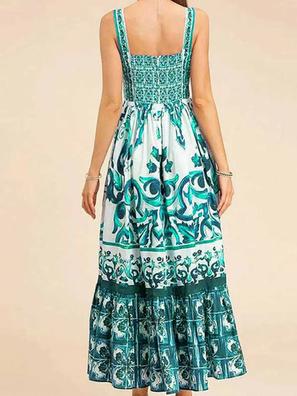 Smocked Printed Wide Strap Dress - -