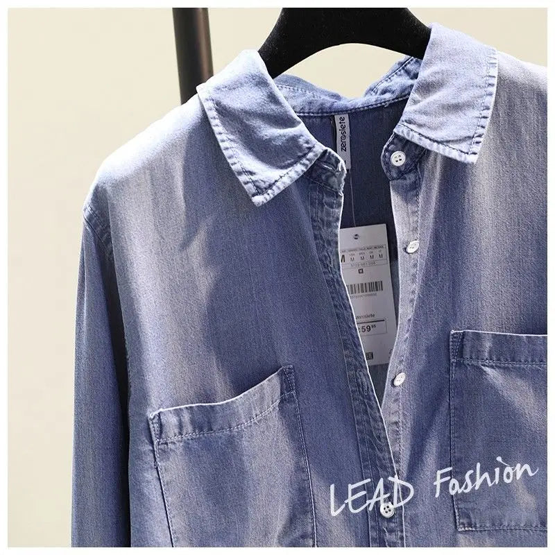 Medium Long Shirt Woman Loose Style Long Sleeves Pocket Denim Blouses