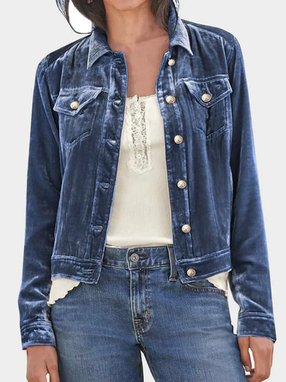 Button Up Long Sleeve Jacket with Chest Pockets - Navy -
