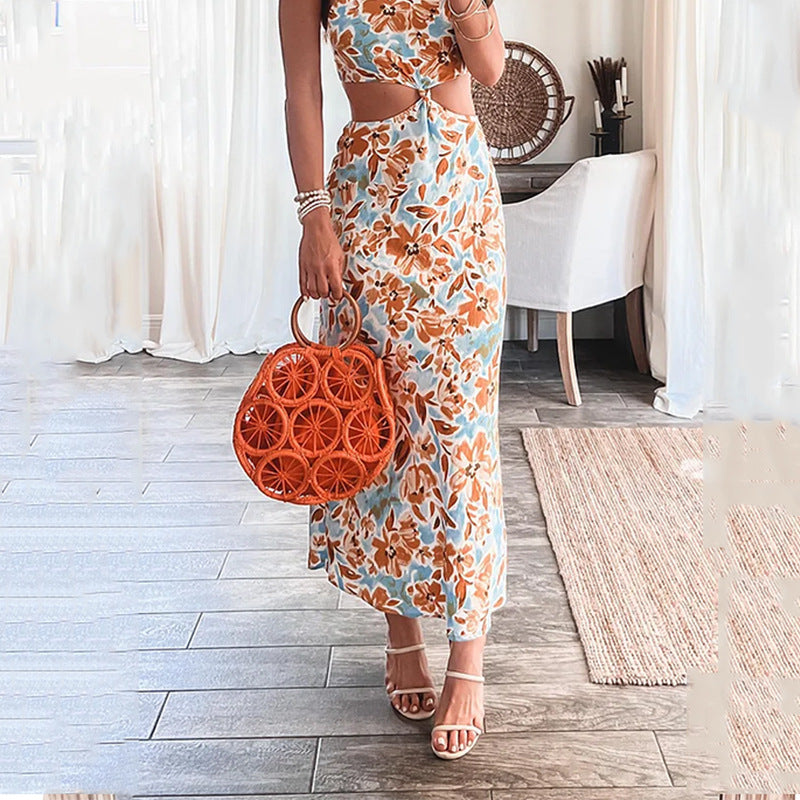Chic Floral Halter Maxi Dress - - dress