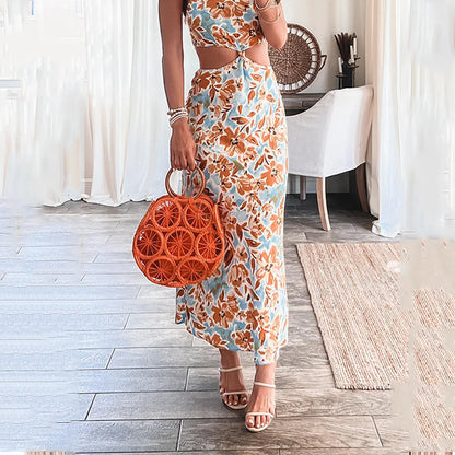 Chic Floral Halter Maxi Dress - - dress