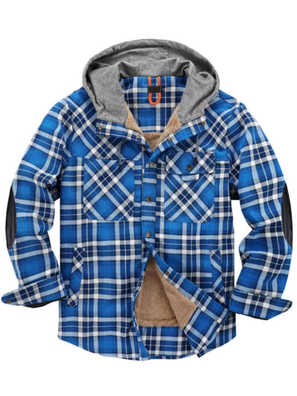 Men's Snap Down Plaid Flannel Hooded Jacket - Blue -