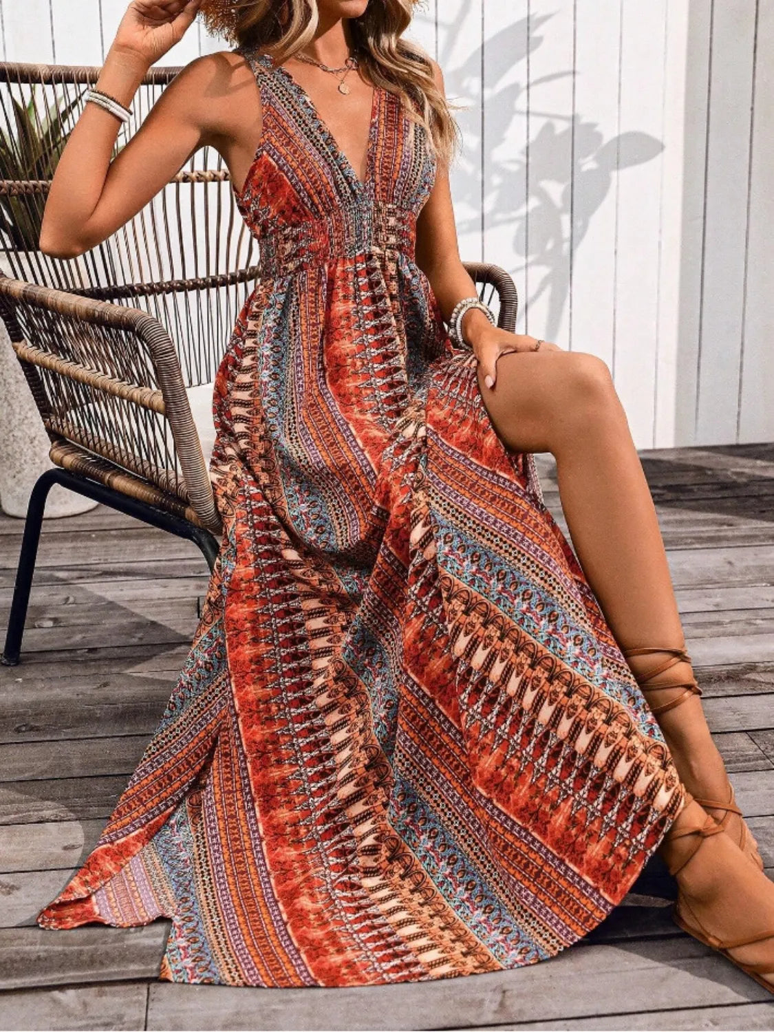 Tied Back Printed Sleeveless Maxi Slit Dress - -